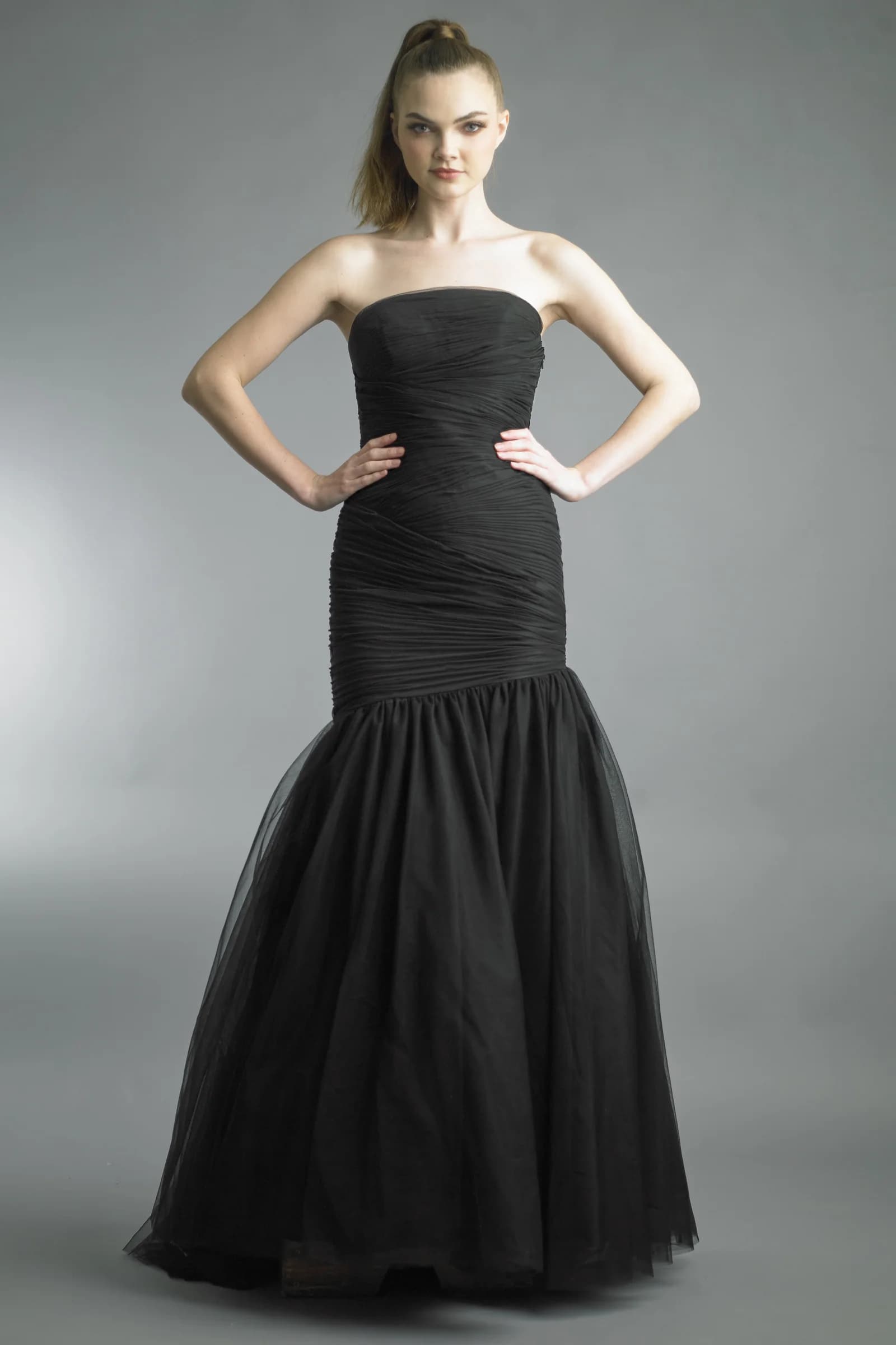 Ruched Tulle Mermaid Strapless Gown