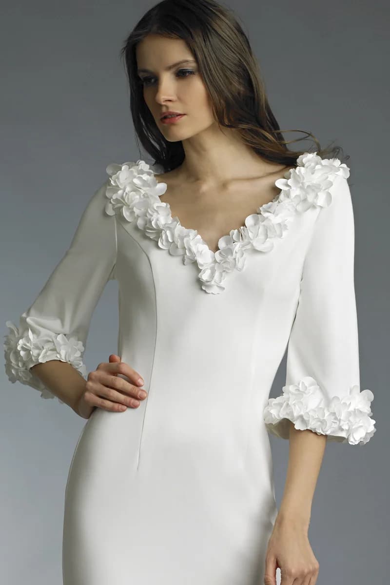 v neck gown with laser cut floral motif on sleeve and neckline view 3